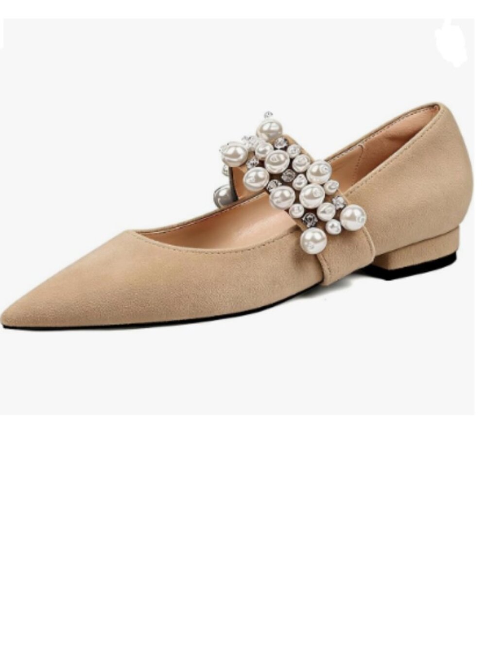 XYD Beige Pointed Toe Pumps Slip On Mary Jane Single Strap with Pearl Studs Shoe